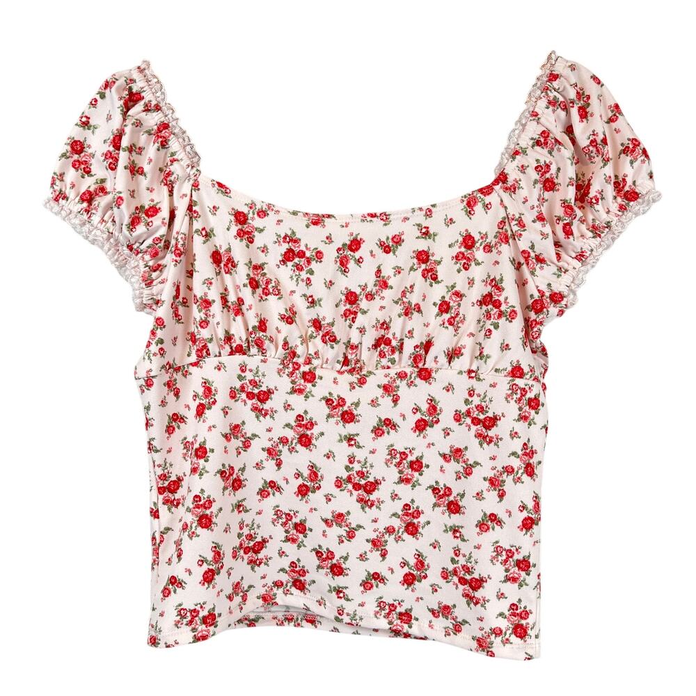 Lush Lace Trim Cap Sleeve Crop Top Pink Red Floral Women L Milkmaid Coquette NWT - Picture 2 of 7